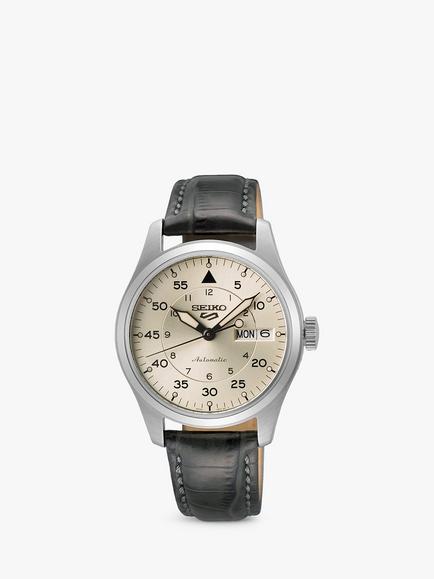 Seiko SRPJ87K1 Men's 5 Field X Flieger Suits Day Date Automatic Leather Strap Watch, Grey/Gold, Grey