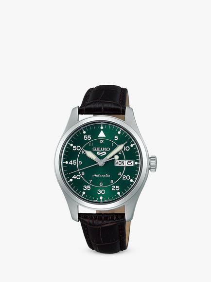 Seiko SRPJ89K1 Men's 5 Field X Flieger Suits Day Date Automatic Leather Strap Watch, Brown/Green, Brown/Green