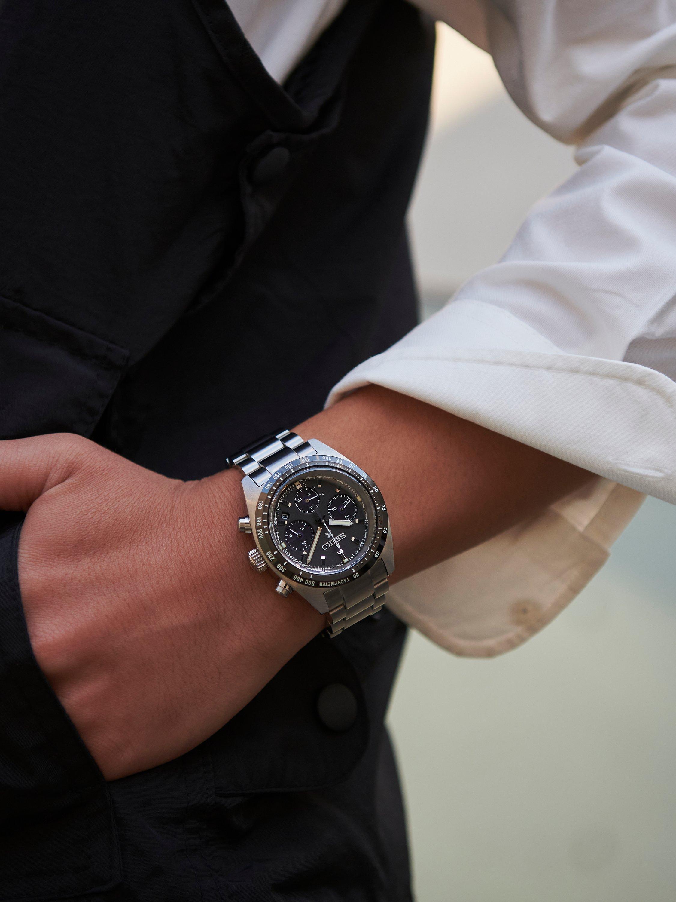 Product image 3 of 3, which shows Seiko SSC819P1 Men's Prospex Speedtimer 1969 Re-Creation Chronograph Solar Bracelet Strap Watch, Silver/Black