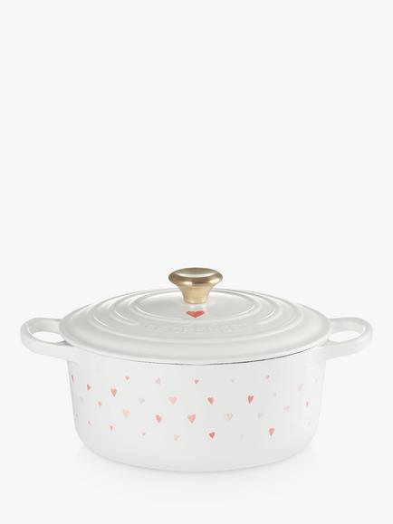 Le Creuset Cast Iron Mini Hearts Round Casserole, 22cm, White/Pink - view 2, White/Pink