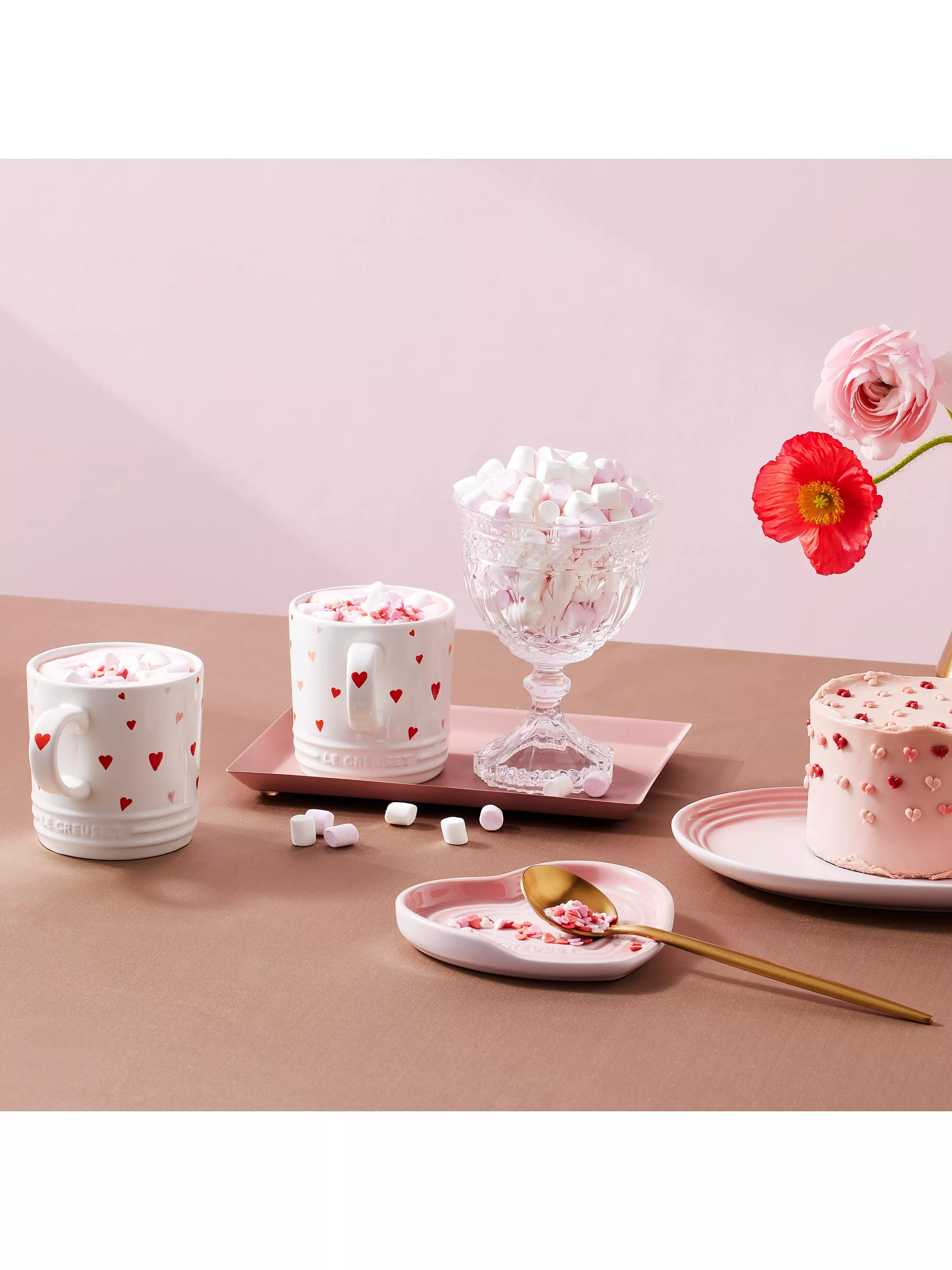 Heart covered mugs on a tabletop