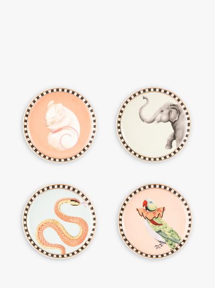 Yvonne Ellen Animal Round Fine China Coasters, Set of 4, Assorted, Multi
