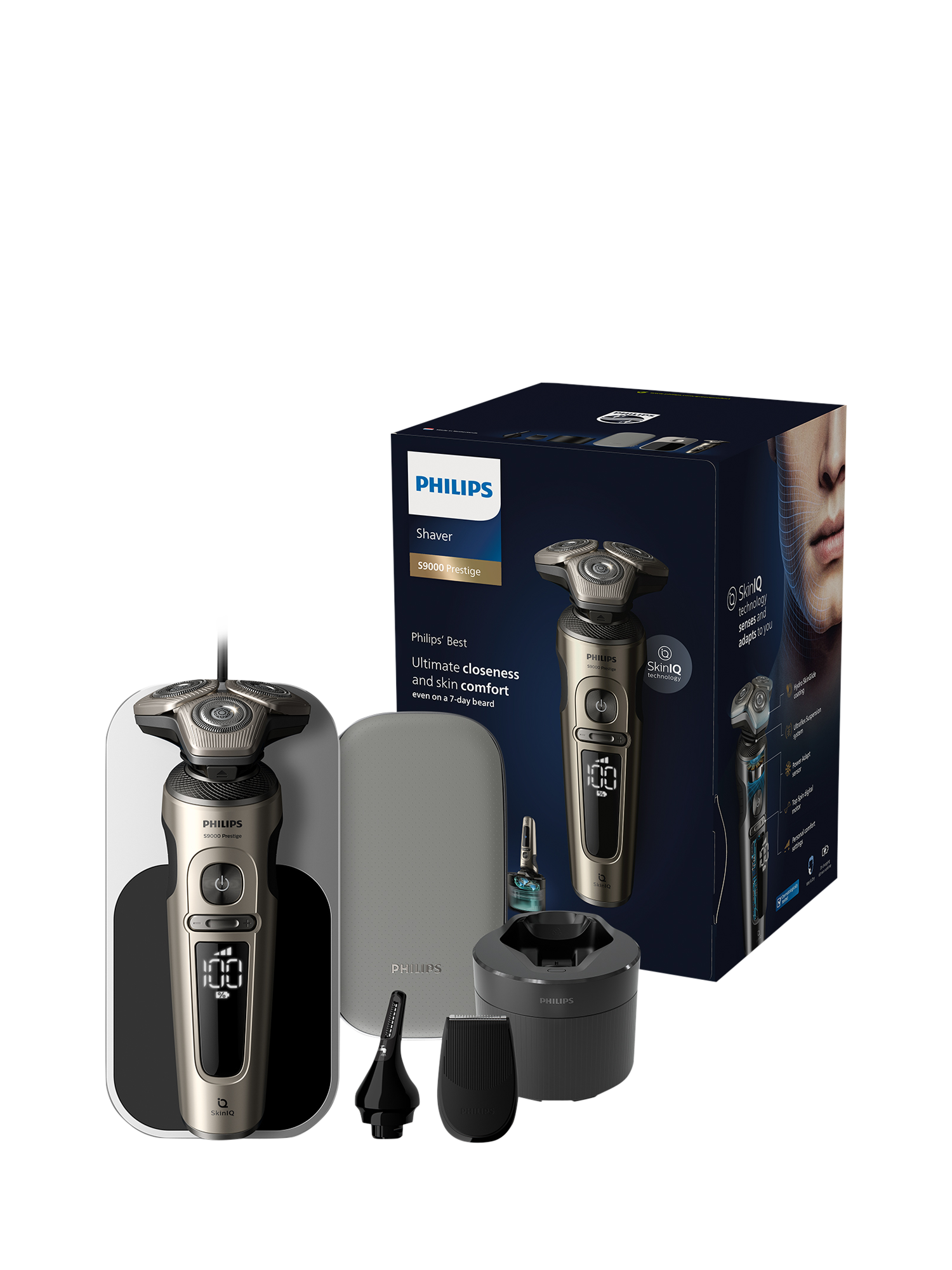 Philips Prestige Shaver Series 9000 SP9883/36 Wet & Dry Men's Electric Shaver with Nanotech Dual Precision Blades & Precision & Nose Trimmer, Champagne