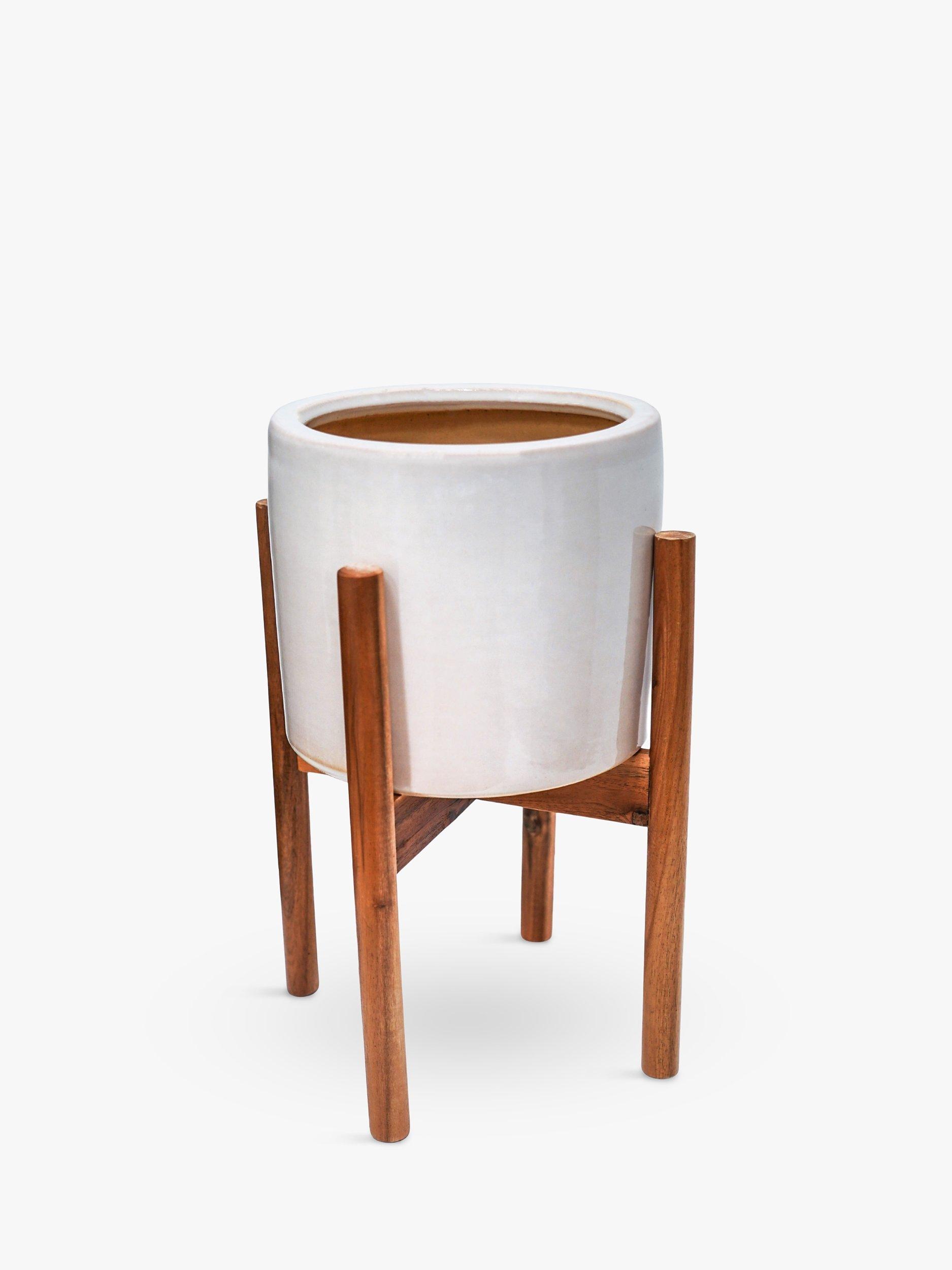 Ivyline Anzio Indoor Ceramic Planter & Wood Stand, 24cm, White