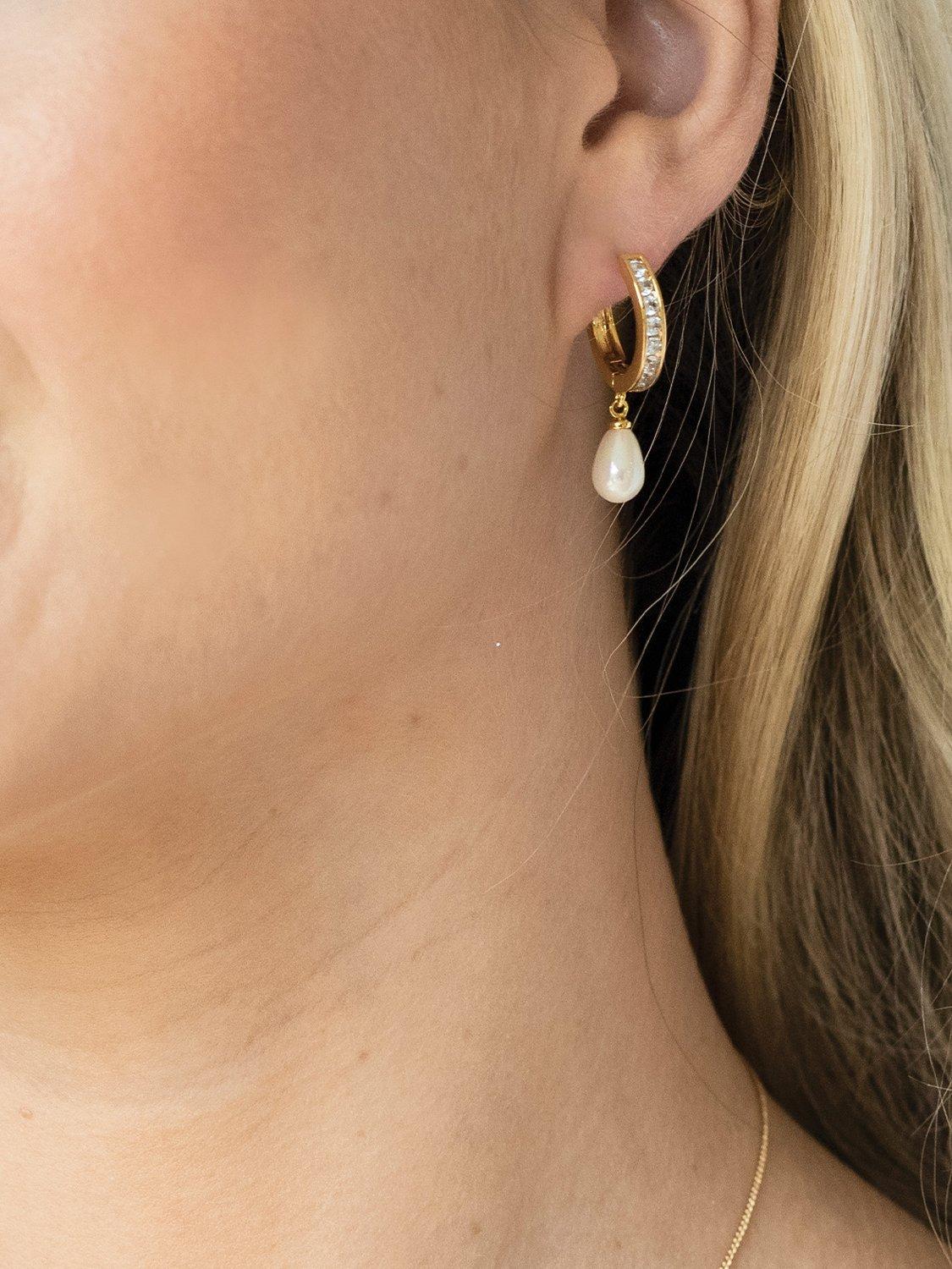 Product image 3 of 4, which shows Ivory & Co. Canterbury Crystal & Teardrop Faux Pearl Hoop Earrings, Gold