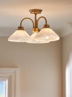 John Lewis Tula Opaline 3 Arm Semi Flush Ceiling Light, Matt Antique Brass - view 2, Matt Antique Brass