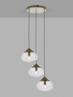 John Lewis Artisan Glass 3 Cluster Pendant Light, Brass/Clear, Brass/Clear