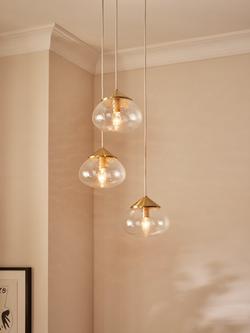 John Lewis Artisan Glass 3 Cluster Pendant Light, Brass/Clear - view 2, Brass/Clear