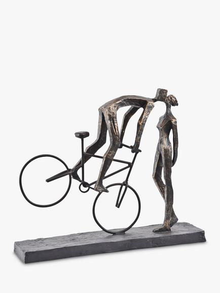 Libra Interiors Kissing Couple on a Bike Sculpture, Metallic Bronze, Metallic Bronze