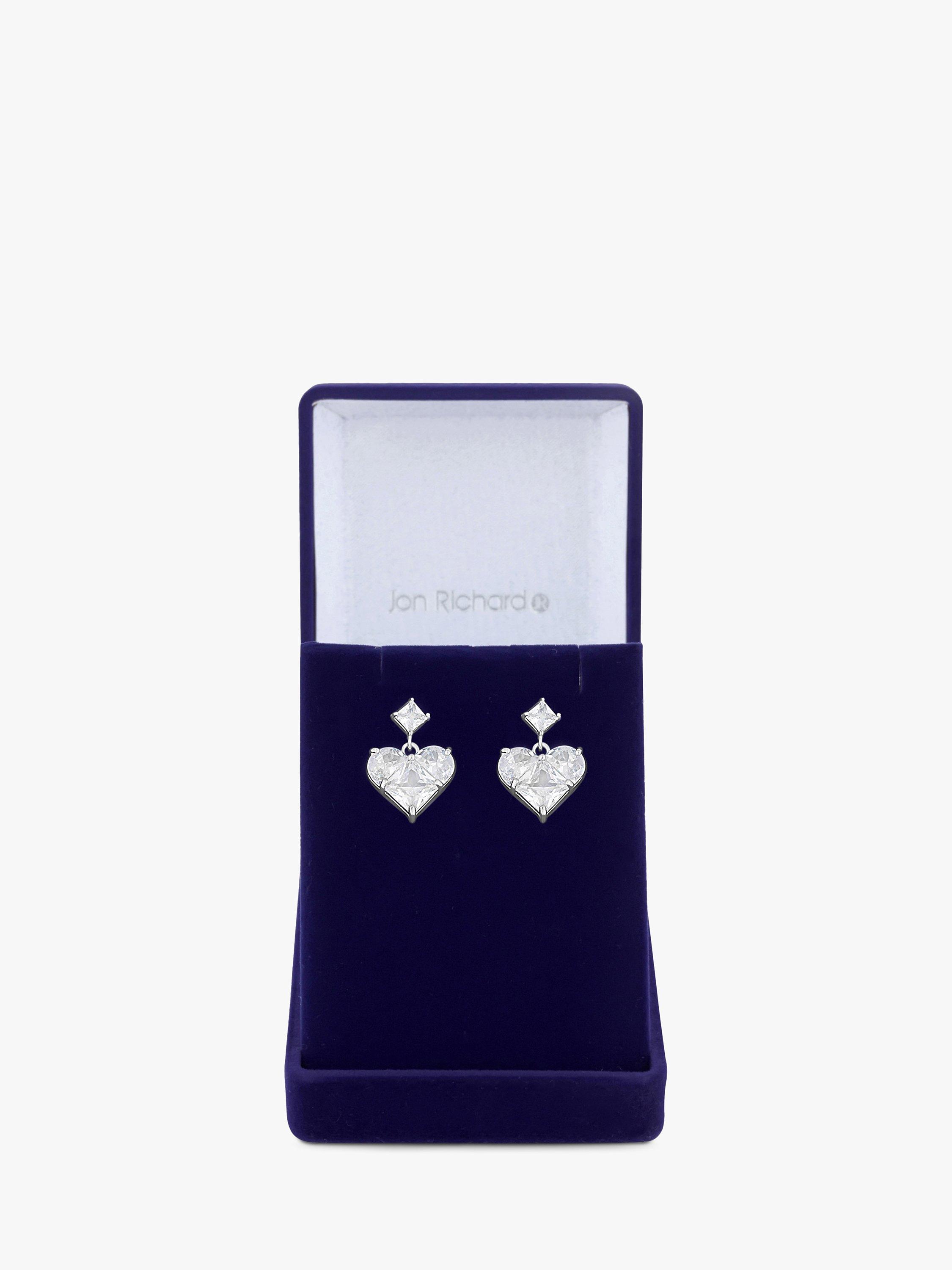 Product image 1 of 3, which shows Jon Richard Rhodium Plated Cubic Zirconia Heart Drop Earrings, Silver