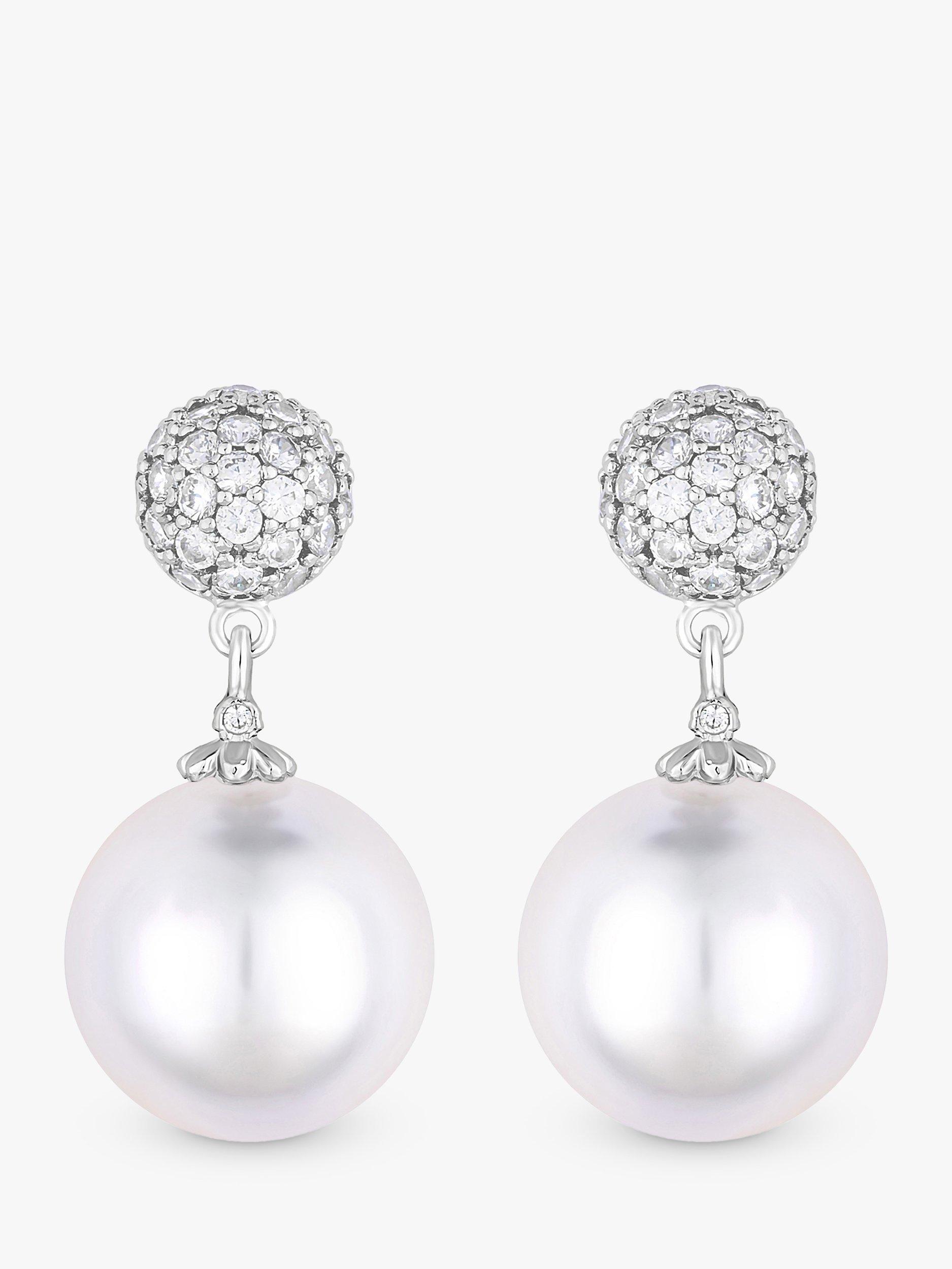 Jon Richard Rhodium Plated Micro Pave and Pearl Drop Earrings, Silver