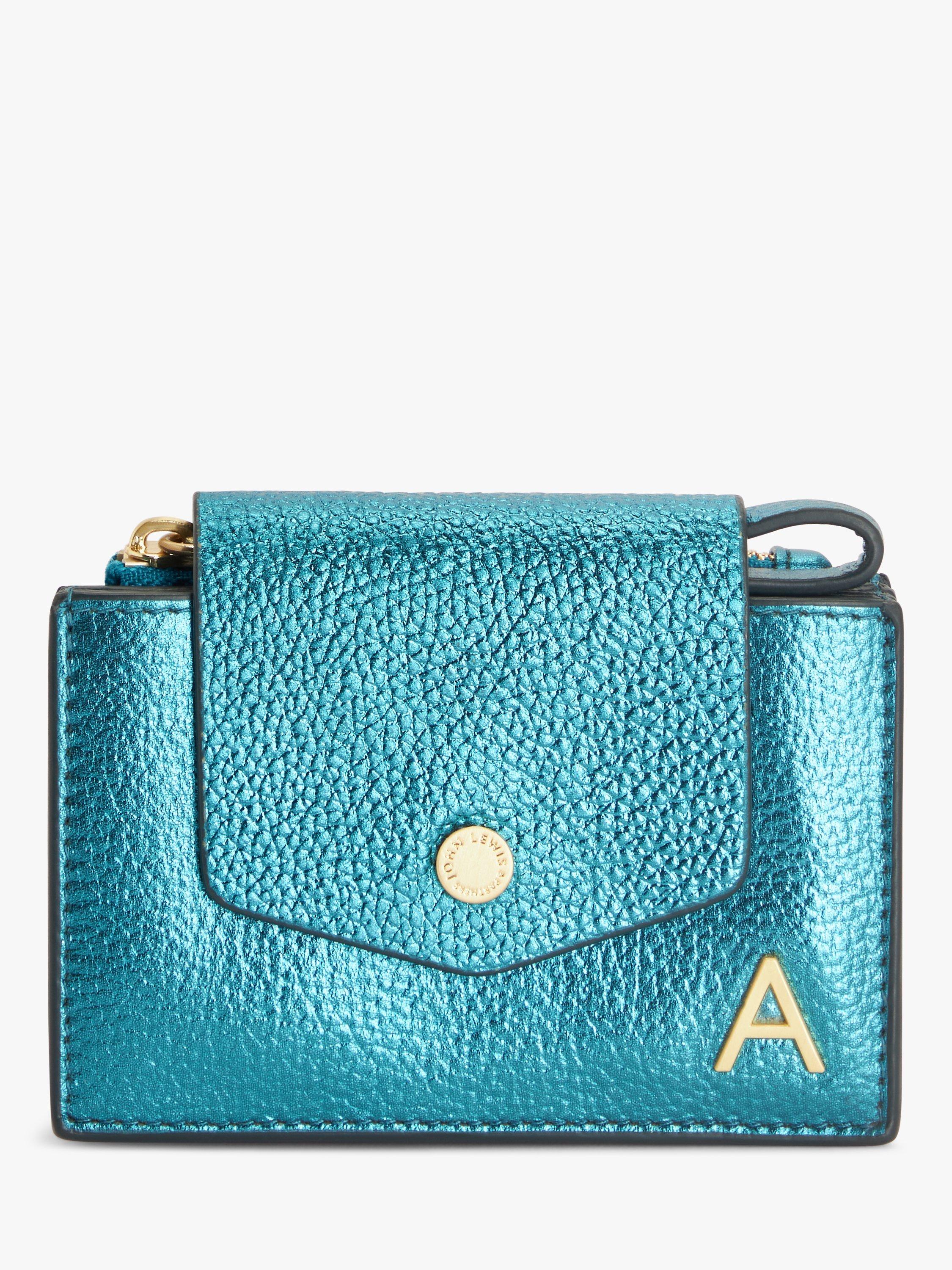 John Lewis Leather Alphabet Concertina Purse,  Metallic Teal, A