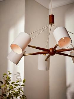 John Lewis Spindle 6 Arm Ceiling Light, Walnut/Antique Brass - view 2, Walnut/Ant Brass