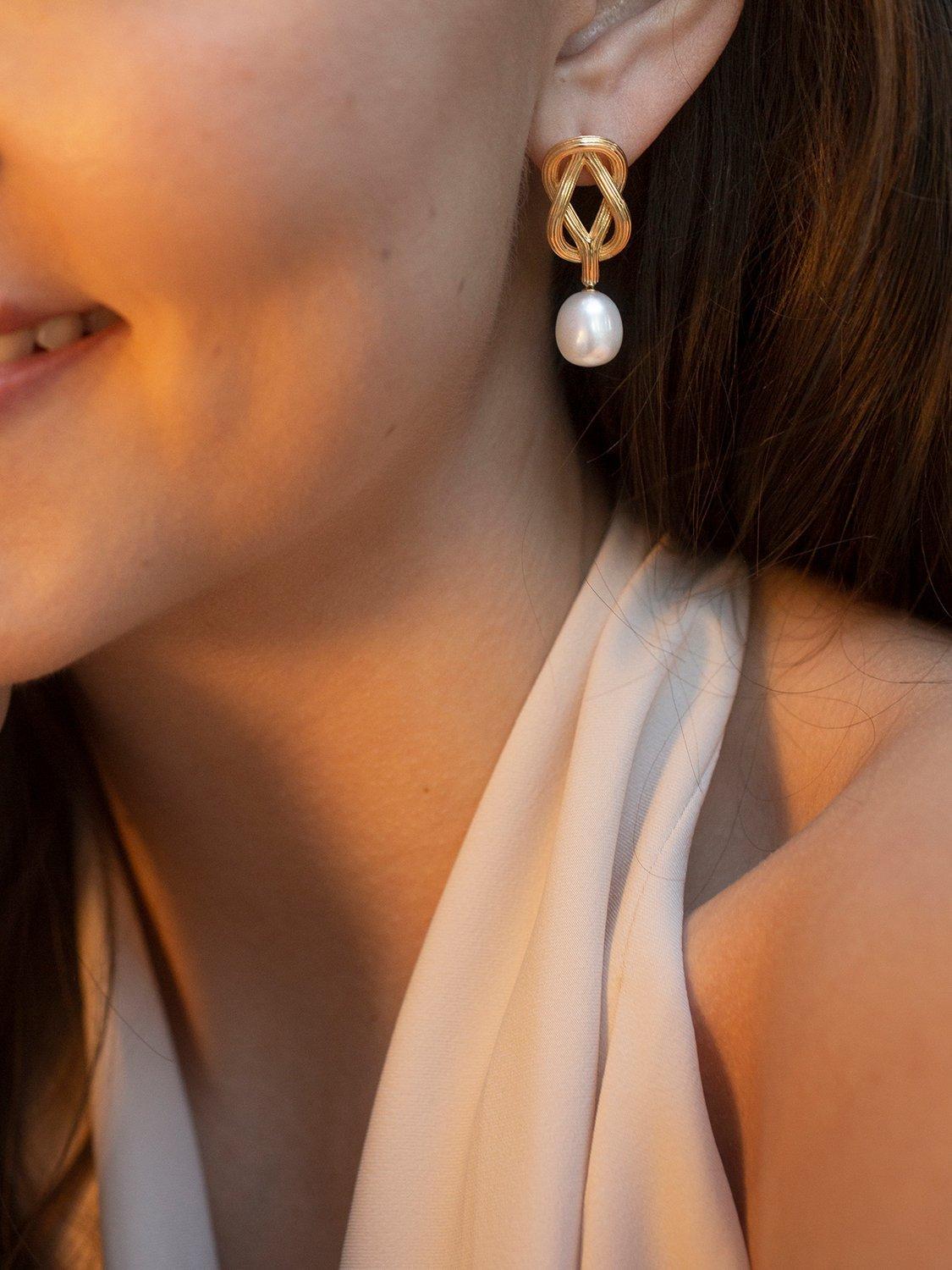 Product image 3 of 6, which shows Claudia Bradby Freshwater Pearl Connection Knots Drop Earrings, Gold