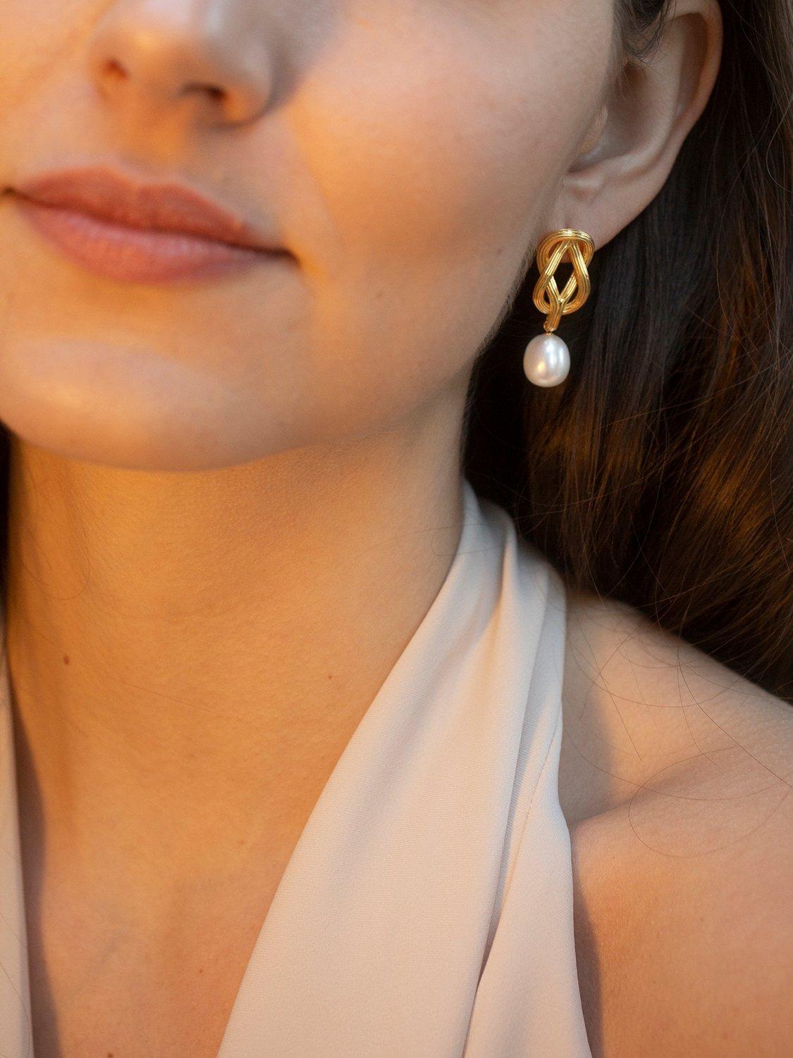Product image 4 of 6, which shows Claudia Bradby Freshwater Pearl Connection Knots Drop Earrings, Gold