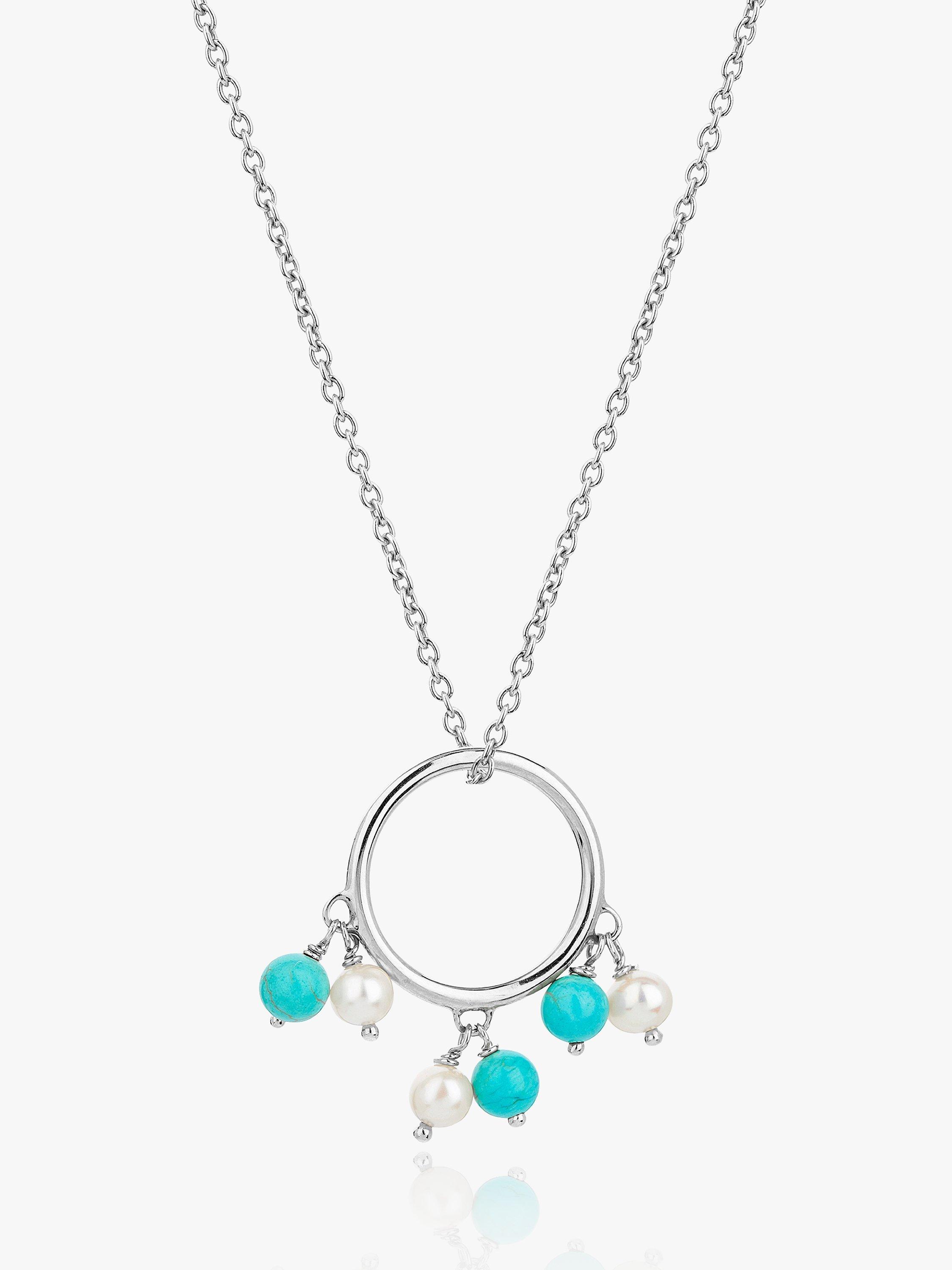 Claudia Bradby Freshwater Pearls & Turquoise Beaded Ring Pendant Necklace, Silver