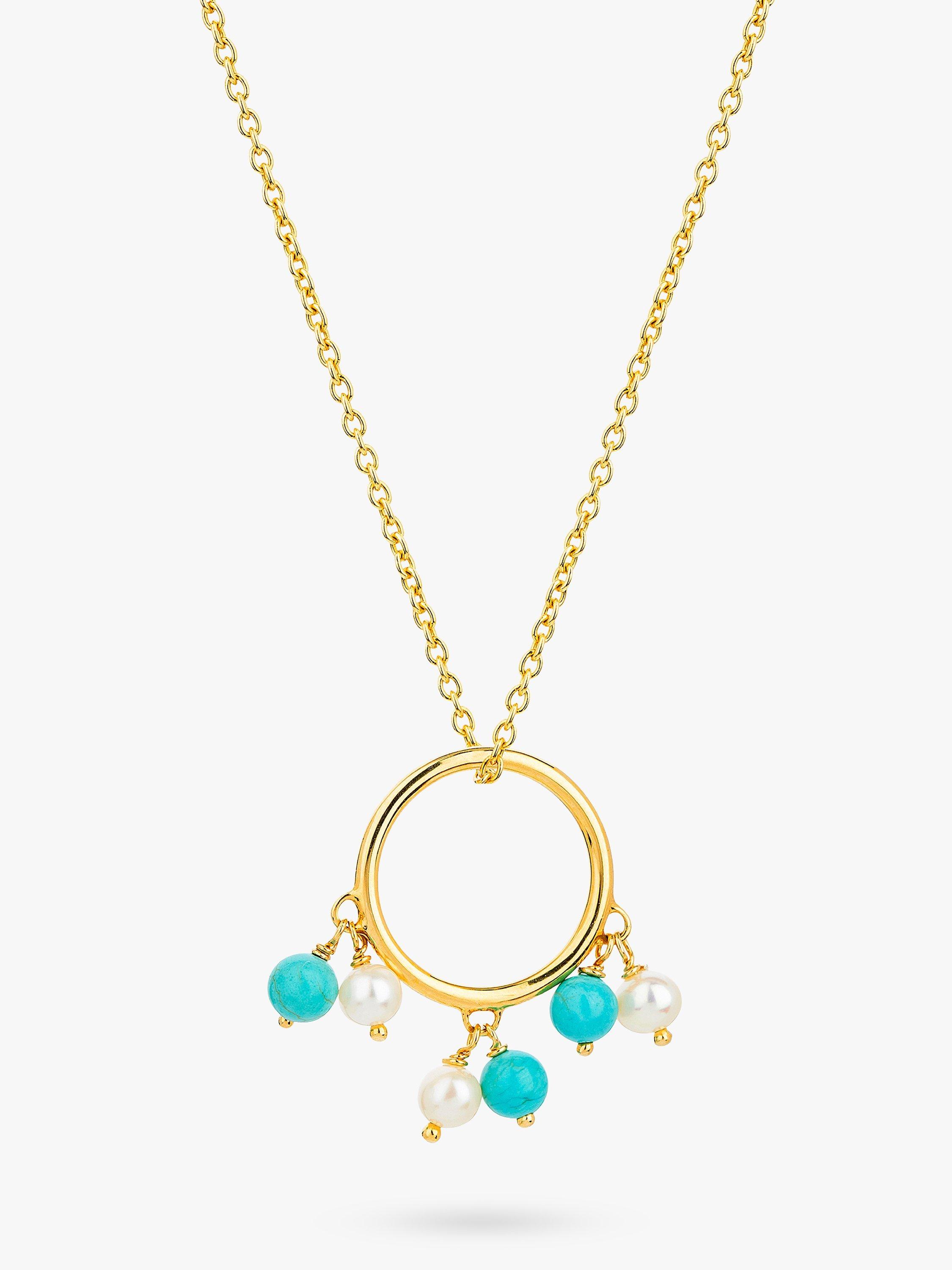 Claudia Bradby Freshwater Pearls & Turquoise Beaded Ring Pendant Necklace, Gold