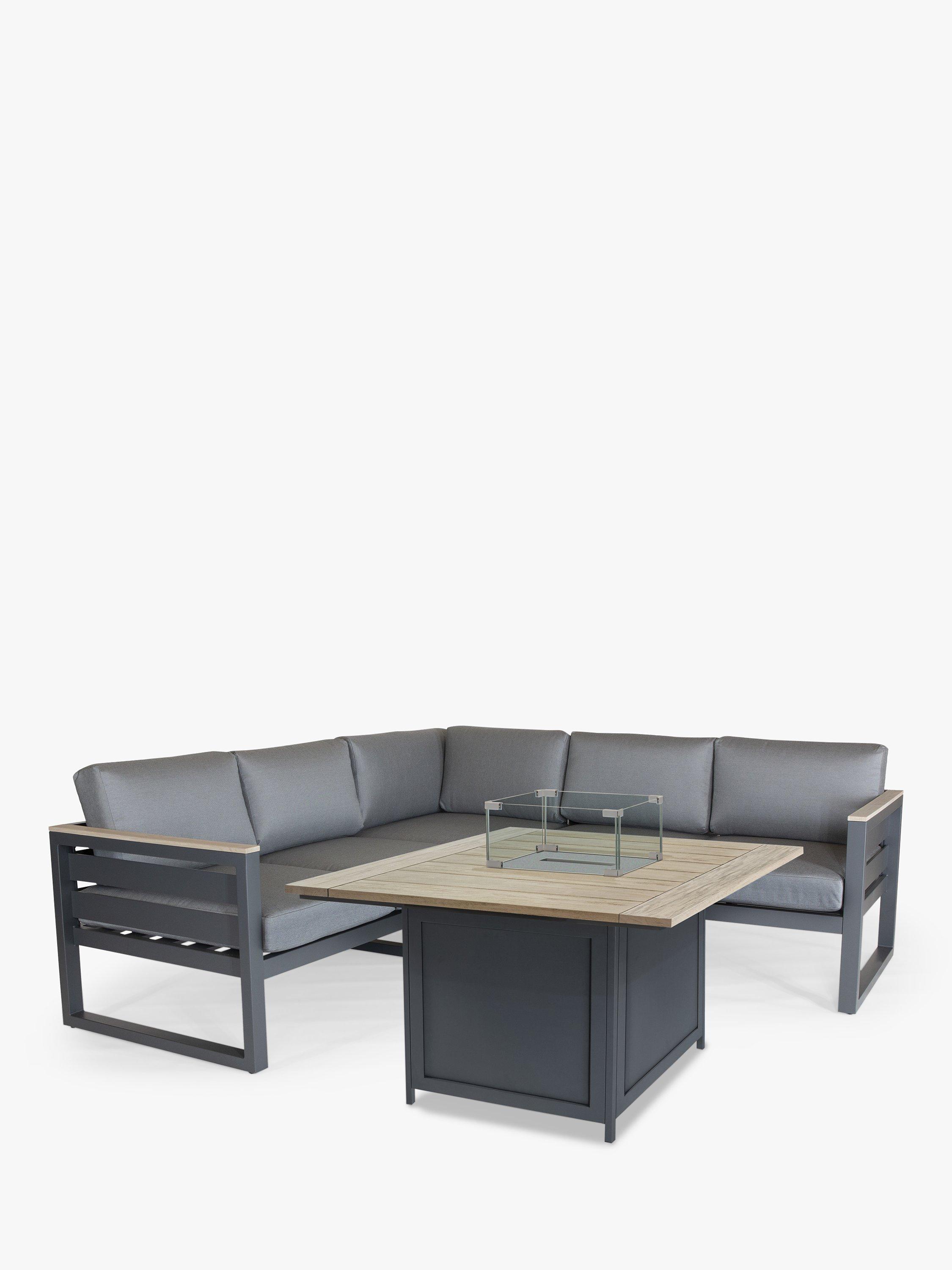 KETTLER Elba Grande 6-Seater Garden Corner Lounging Set with Firepit, FSC-Certified (Teak Wood), Grey/Natural