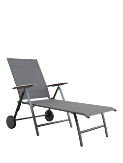 KETTLER Surf Active Folding Adjustable Sun Lounger with Teak Wood Armrests, Grey, Grey