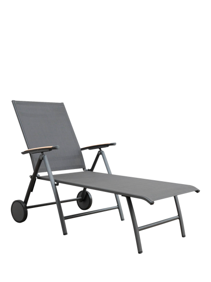 KETTLER Surf Active Folding Adjustable Sun Lounger with Teak Wood Armrests, Grey, Grey