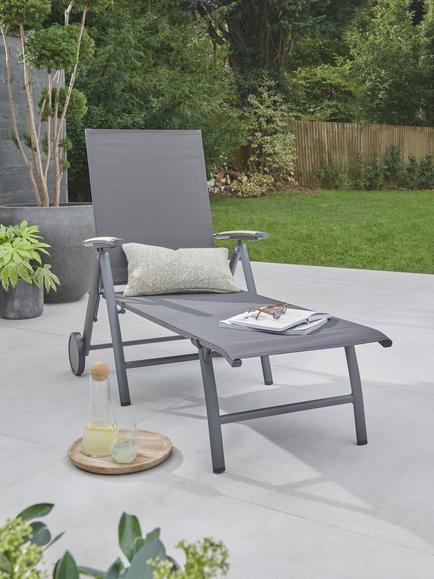 KETTLER Surf Active Folding Adjustable Sun Lounger with Teak Wood Armrests, Grey - view 2, Grey