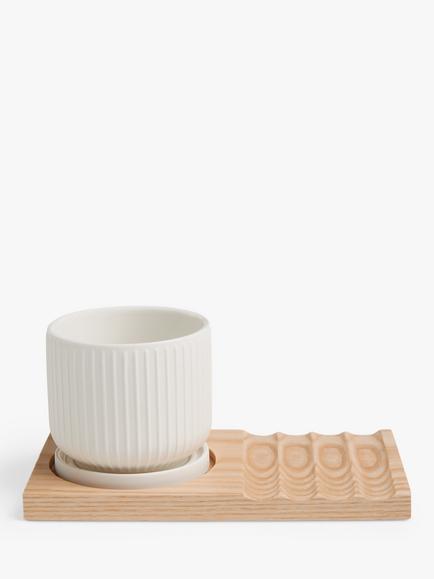 John Lewis New Bone China Desk Planter & Wood Board, Multi, White