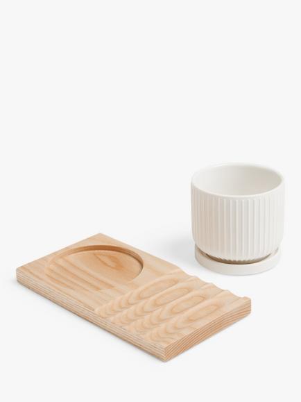 John Lewis New Bone China Desk Planter & Wood Board, Multi - view 2, White