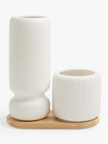 John Lewis Ribbed Vase Set & Wooden Board, Multi, White
