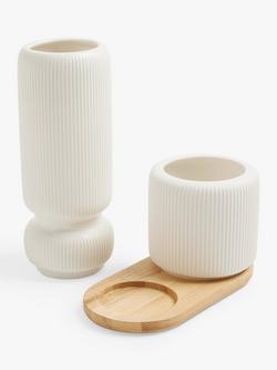 John Lewis Ribbed Vase Set & Wooden Board, Multi - view 2, White