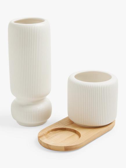 John Lewis Ribbed Vase Set & Wooden Board, Multi - view 2, White