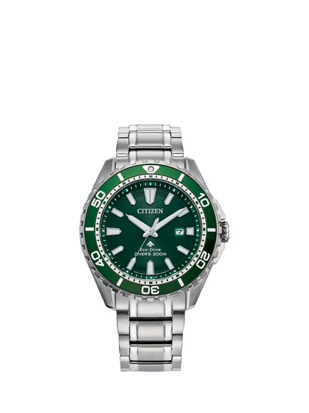 Citizen BN0199-53X Men's Promaster Eco-Drive Date Diving Bracelet Strap Watch, Silver/Green, Silver/Green