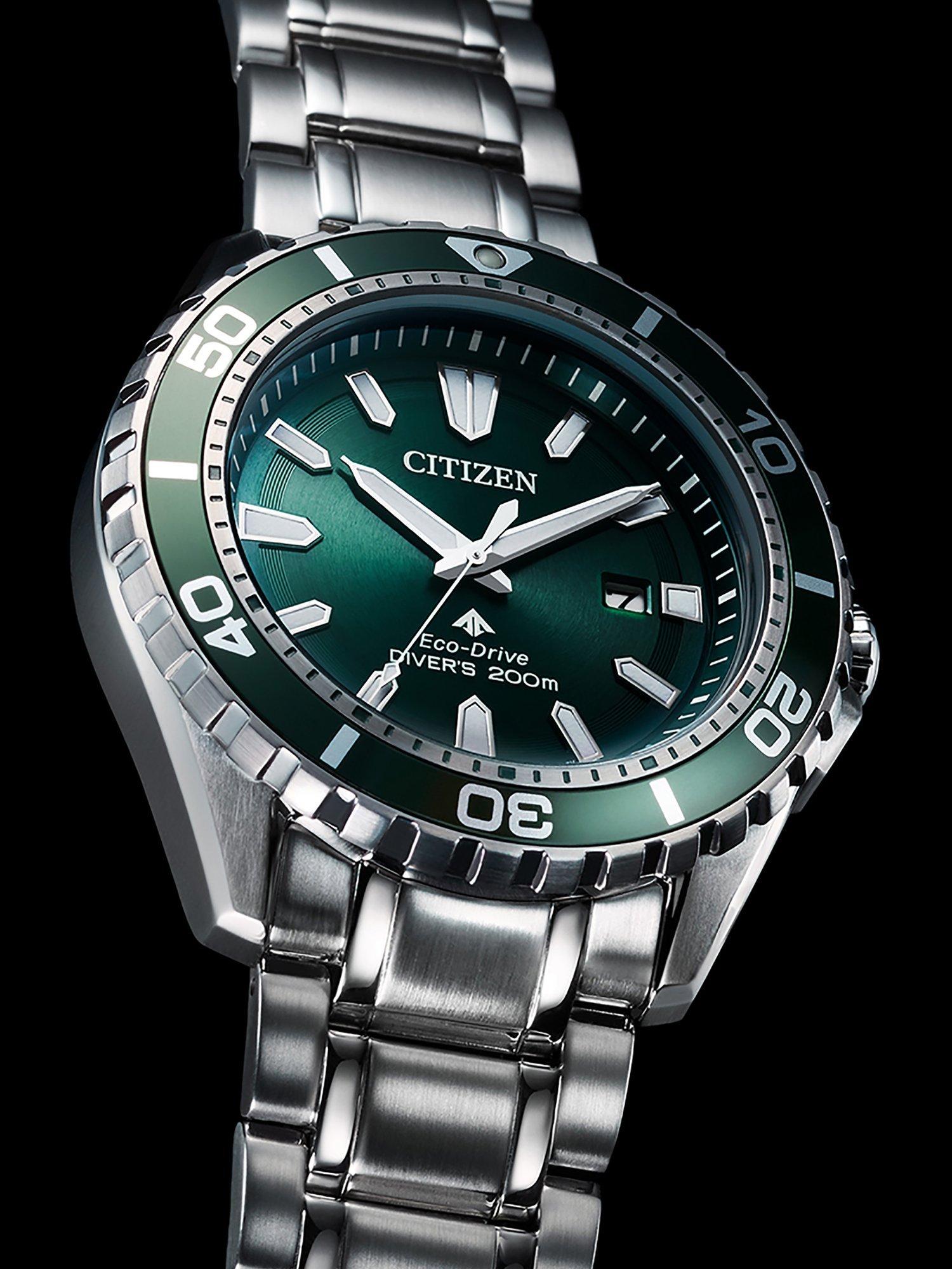 Product image 4 of 8, which shows Citizen BN0199-53X Men's Promaster Eco-Drive Date Diving Bracelet Strap Watch, Silver/Green