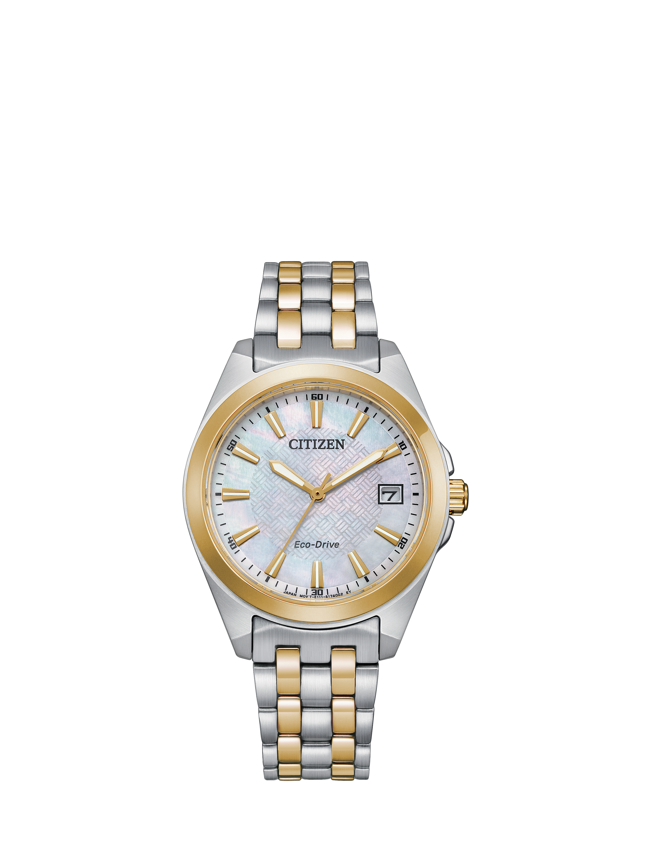 Citizen EO1224 54D Women s Two Tone Eco Drive Date Bracelet Strap Watch Silver Gold