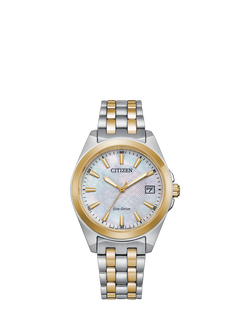 Citizen EO1224-54D Women's Two-Tone Eco-Drive Date Bracelet Strap Watch, Silver/Gold, Silver/Gold