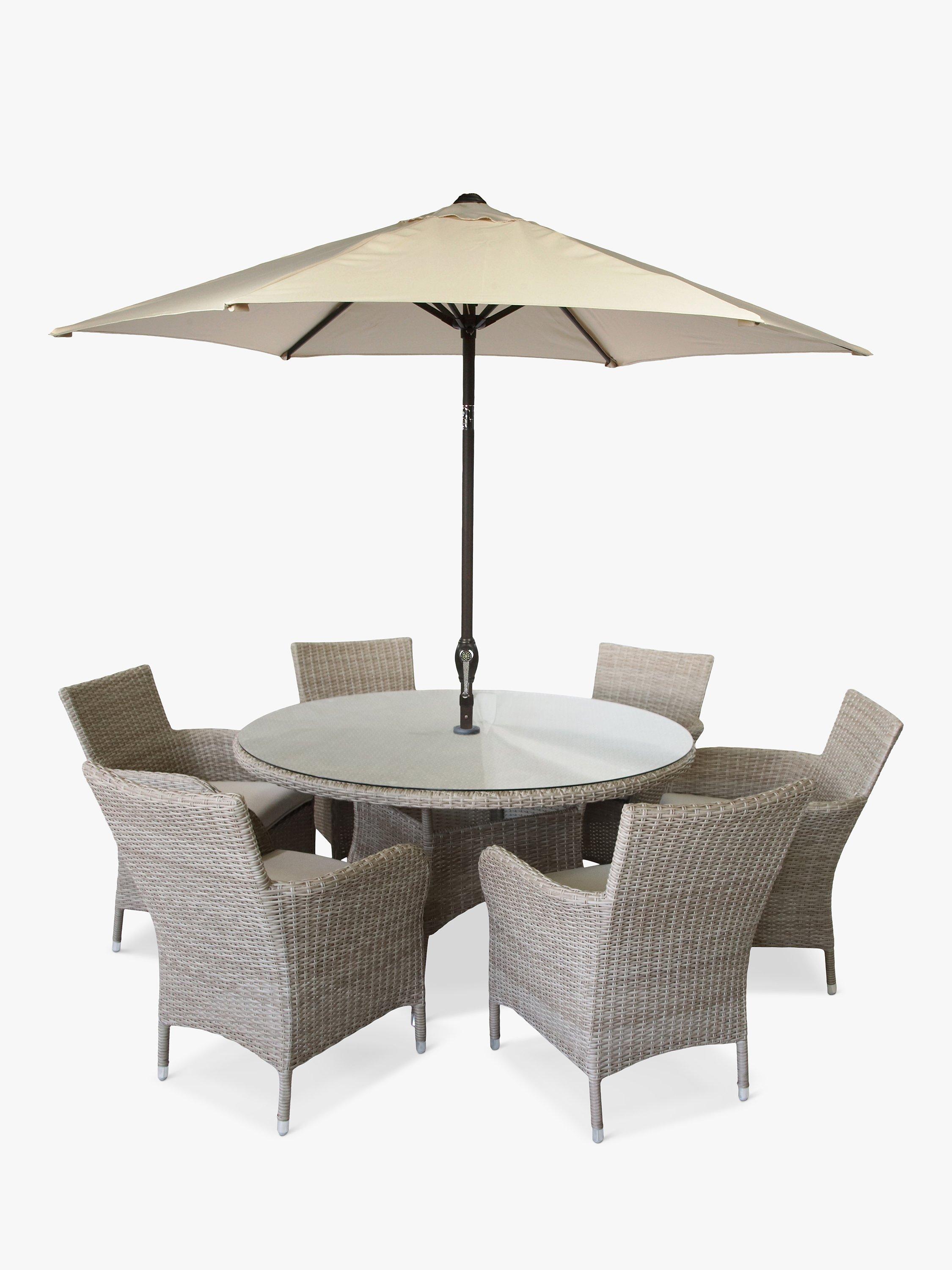 LG Outdoor Monaco 6-Seat Round Garden Dining Table & Armchairs Set with Parasol, Sand