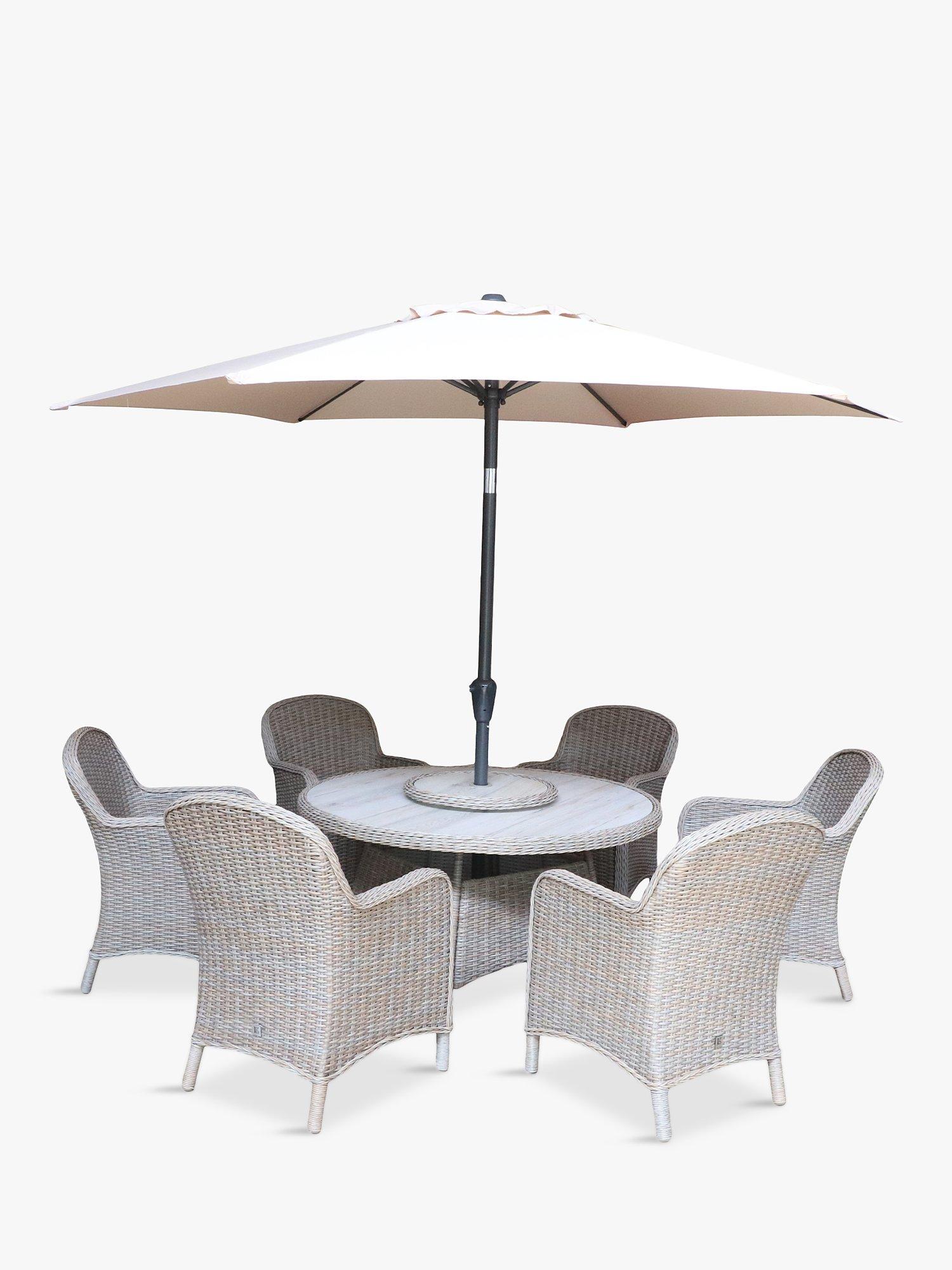 LG Outdoor Bergen 6-Seat Round Garden Dining Table & Armchairs Set with Parasol, Brown