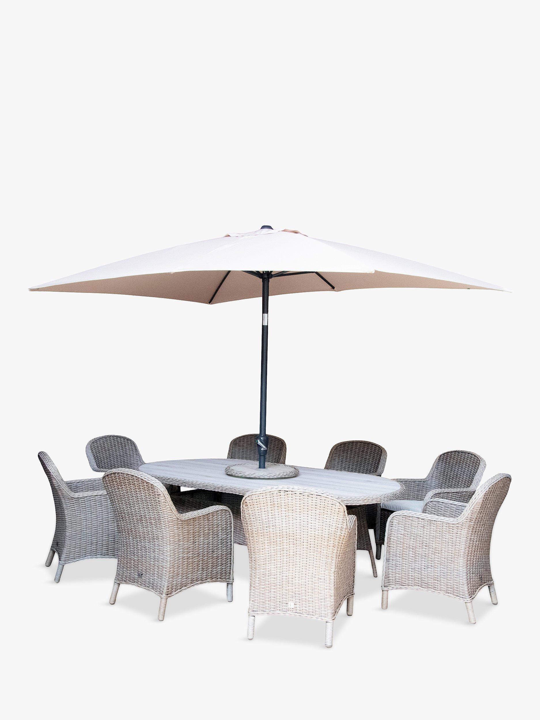 LG Outdoor Bergen 8-Seat Oval Garden Dining Table & Armchairs Set with Parasol, Brown