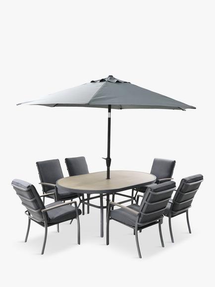 LG Outdoor Monza 6-Seater Garden Oval Dining Table & Chairs Set with Parasol, Grey, Grey
