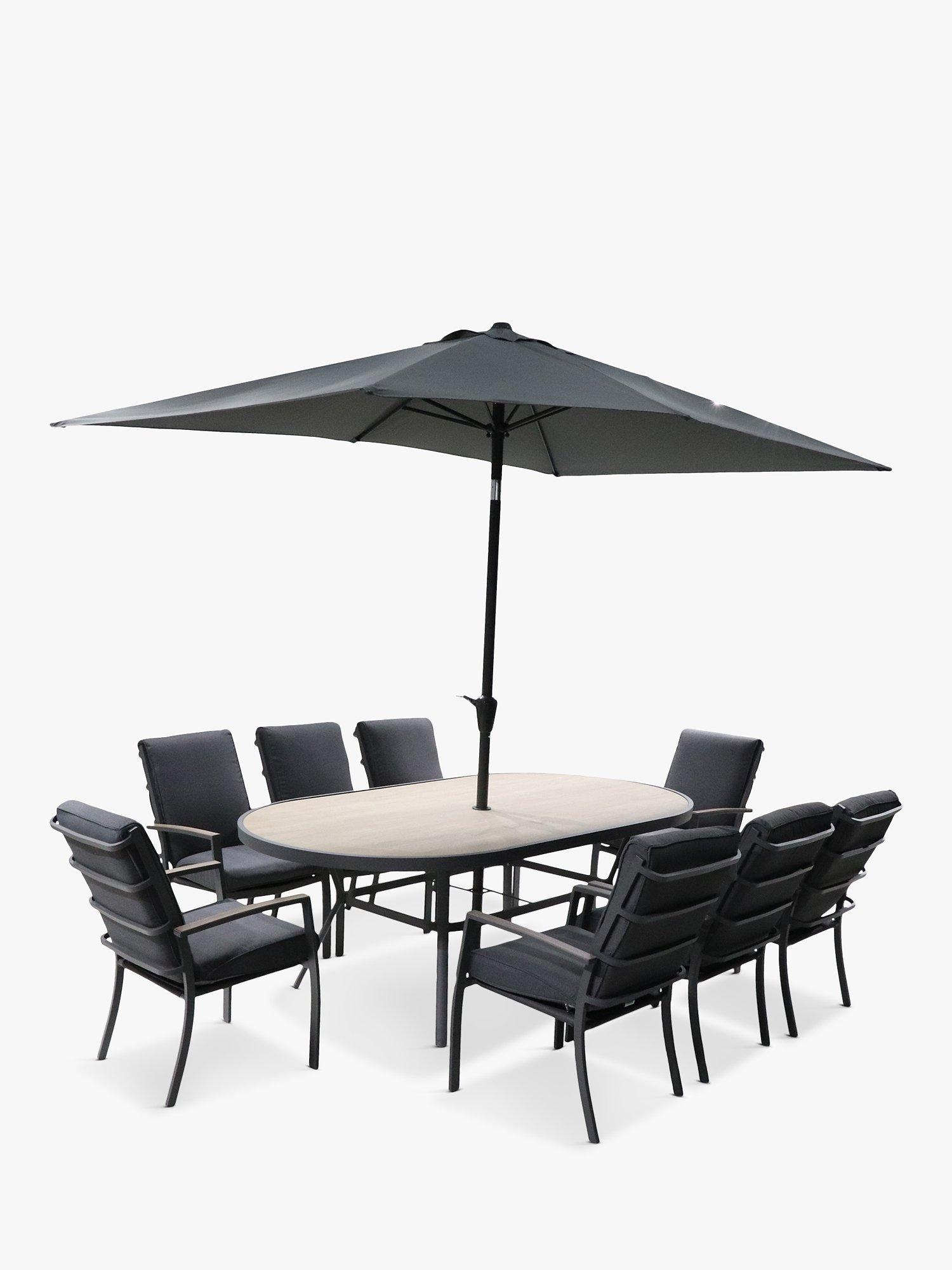 LG Outdoor Monza 8-Seater Garden Oval Dining Table & Chairs Set with Parasol, Grey