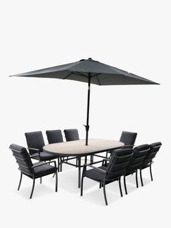 LG Outdoor Monza 8-Seater Garden Oval Dining Table & Chairs Set with Parasol, Grey, Grey