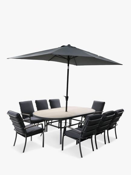 LG Outdoor Monza 8-Seater Garden Oval Dining Table & Chairs Set with Parasol, Grey, Grey