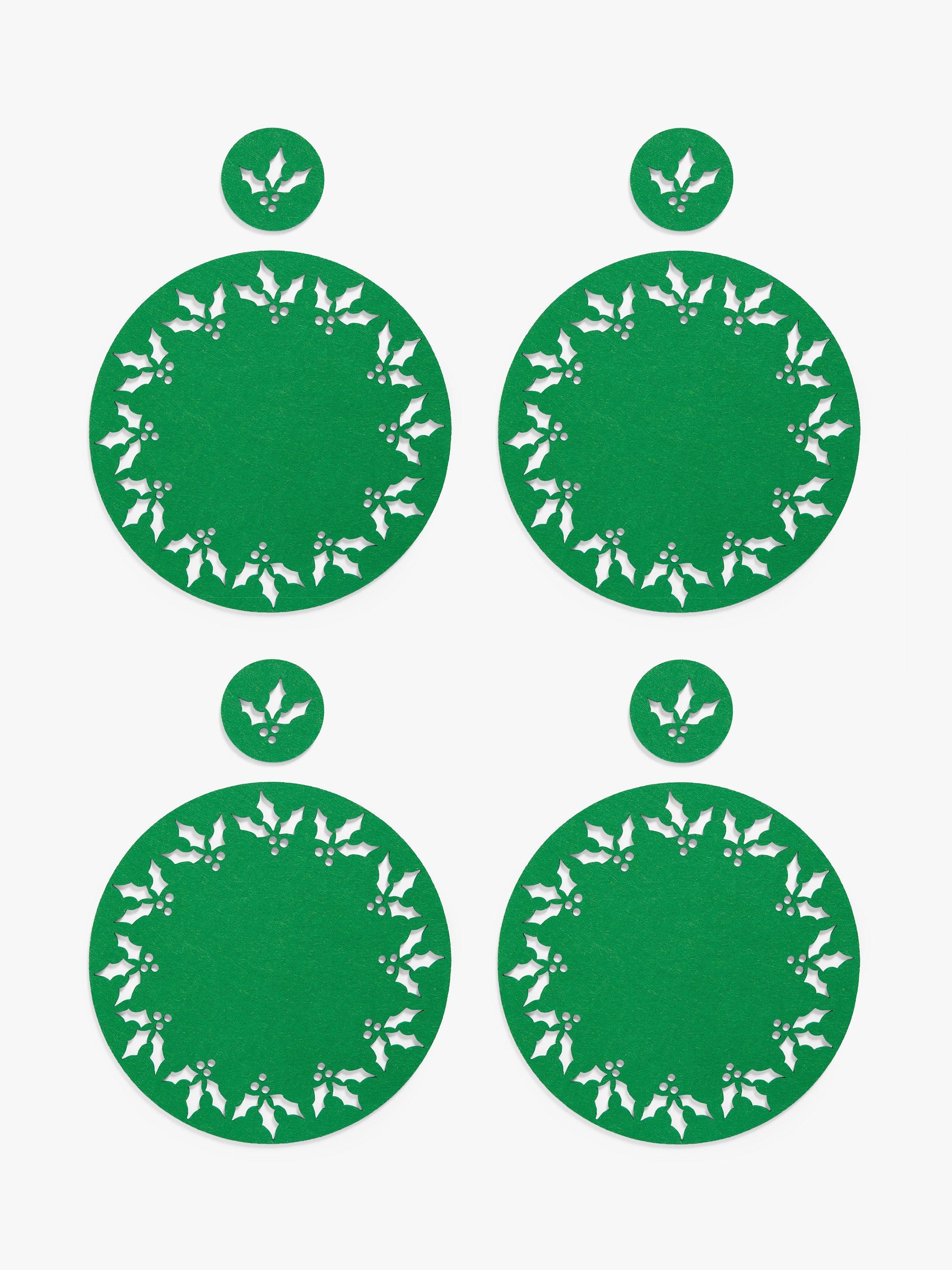 John Lewis Christmas Holly Cut-Out Felt Placemats & Coasters, Set of 4, Green