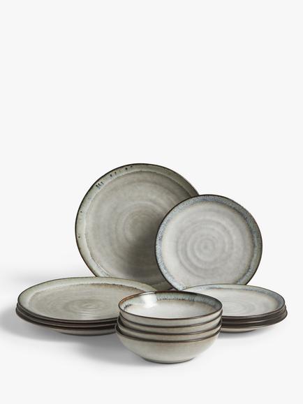 John Lewis Swirl Contrast Rim Stoneware Dinnerware Set, 12 Piece, Off White, Off White