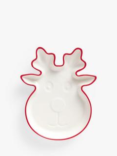 John Lewis Christmas Reindeer Fine China Dish, 19cm, Red/White