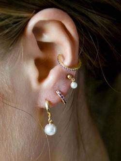 Orelia Pearl Drop Huggie Hoop Earrings - view 2, Pale Gold