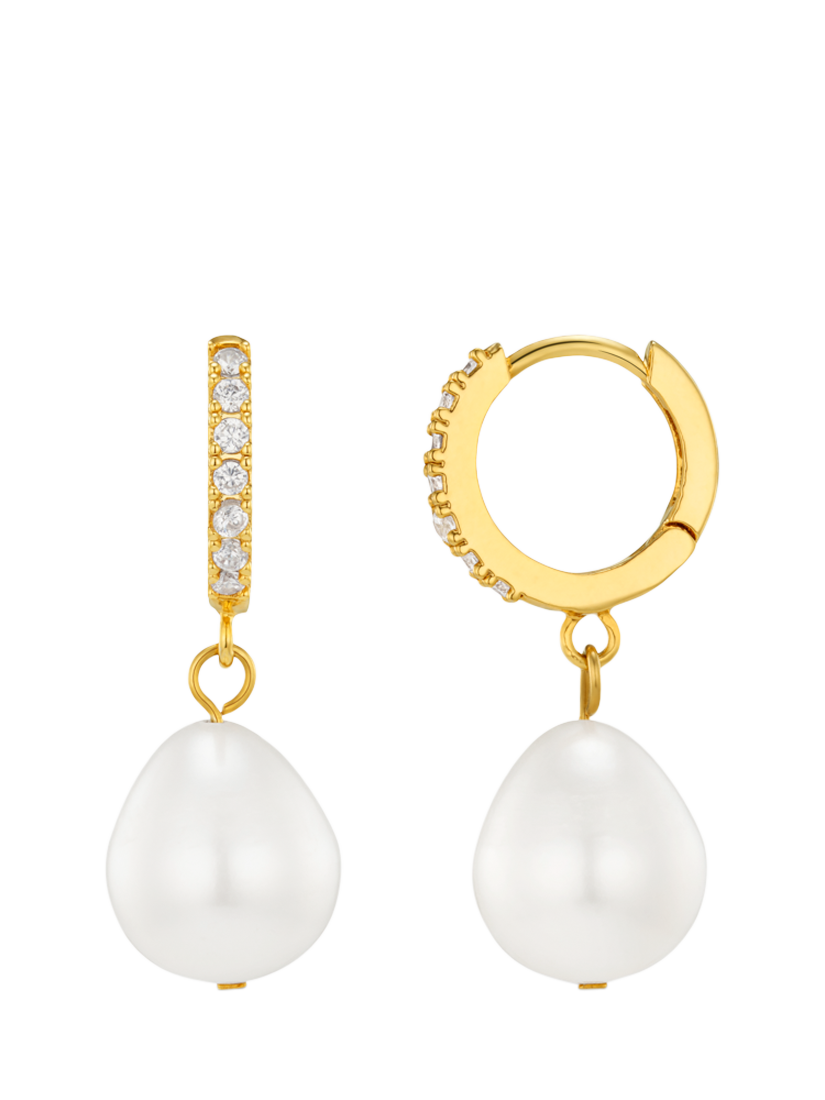 Product image 1 of 2, which shows Orelia Pearl Drop Pave Huggie Hoop Earrings, Pale Gold