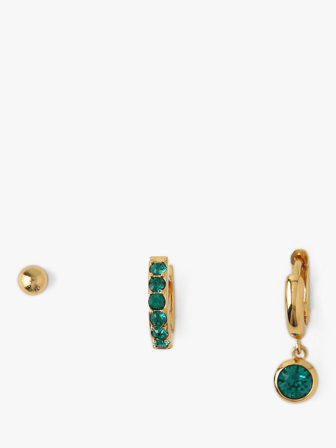 Product image 1 of 2, which shows Orelia Swarovski Emerald Ear Party Earrings, Pack of 3, Pale Gold