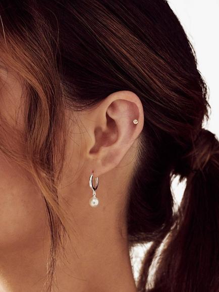 Orelia Pearl Drop Huggie Hoop Earrings - view 2, Silver
