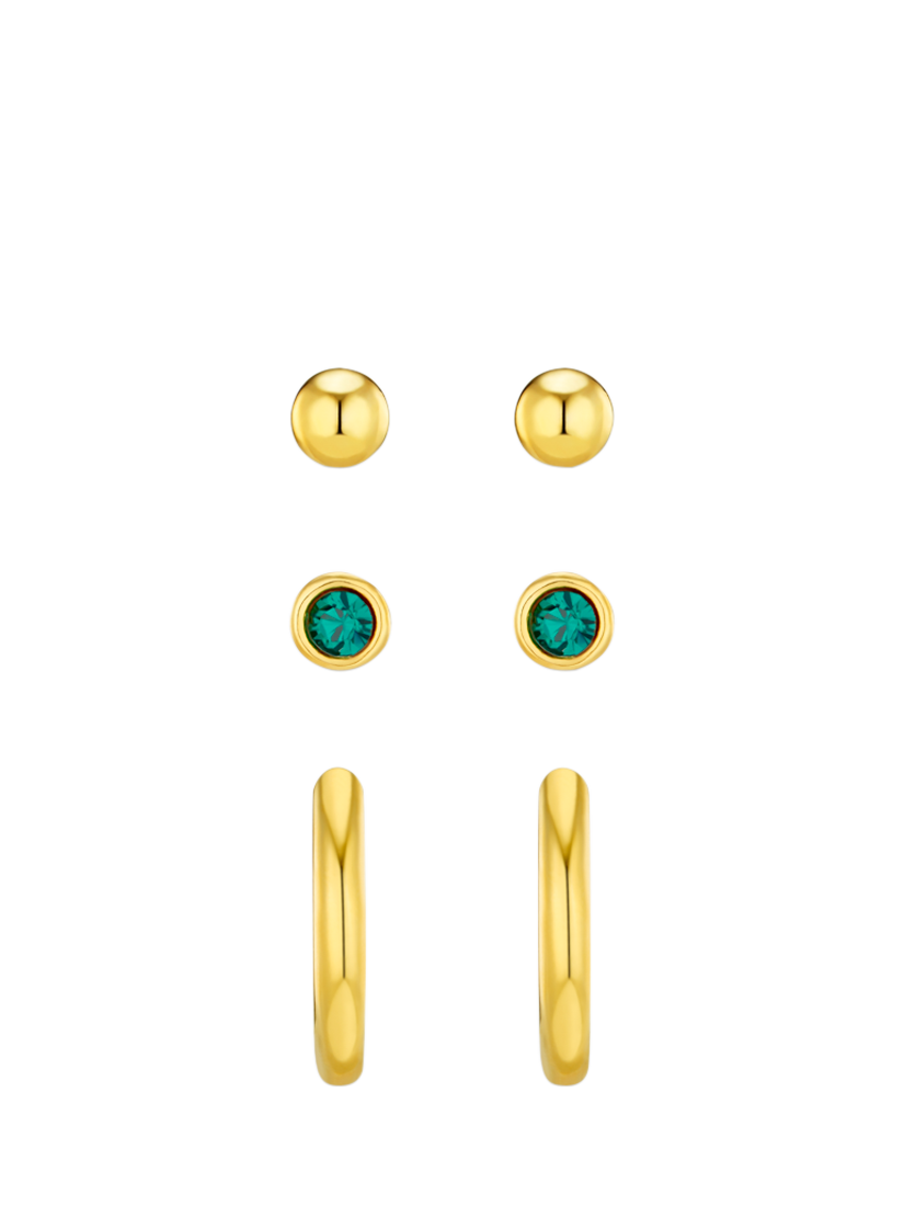Product image 1 of 2, which shows Orelia Swarovski Emerald Stud & Hoop Earrings, Pack of 3, Pale Gold