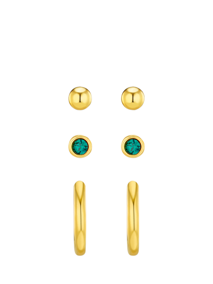 Orelia Swarovski Emerald Stud & Hoop Earrings, Pack of 3, Pale Gold, Pale Gold